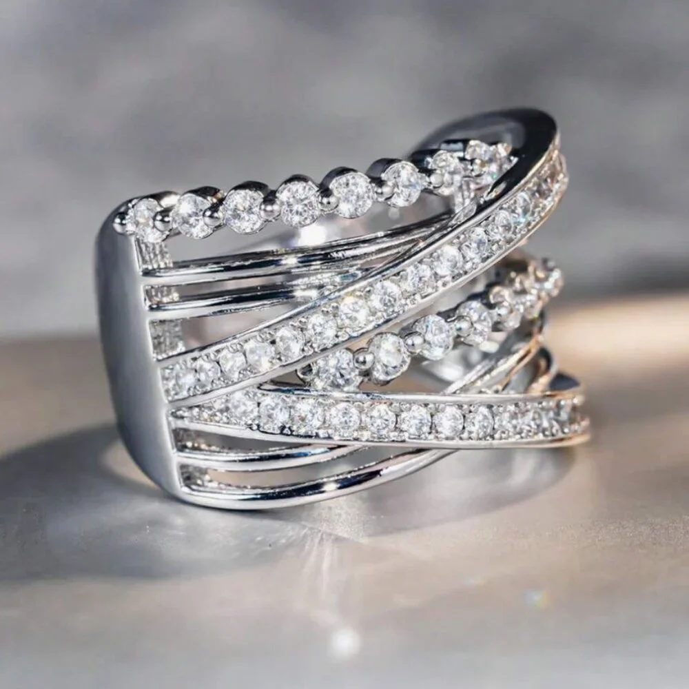 NEW 18k White Gold Diamond Ring Layer Wide Ring Band_4